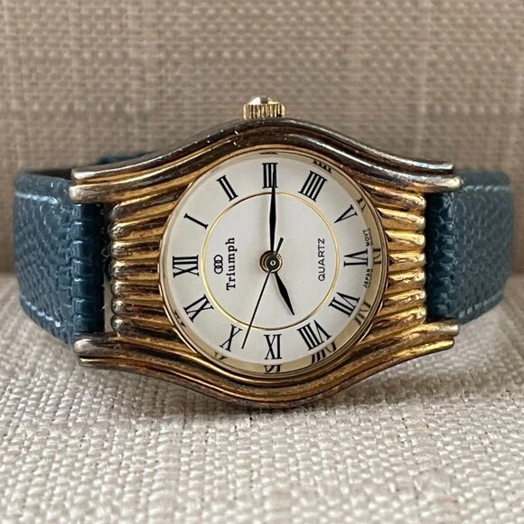 Vintage Triumph Ladies Wristwatch Blue Leather Band Japan Movement Analog Watch